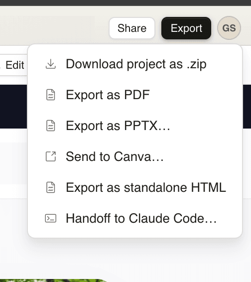 Claude Design export options